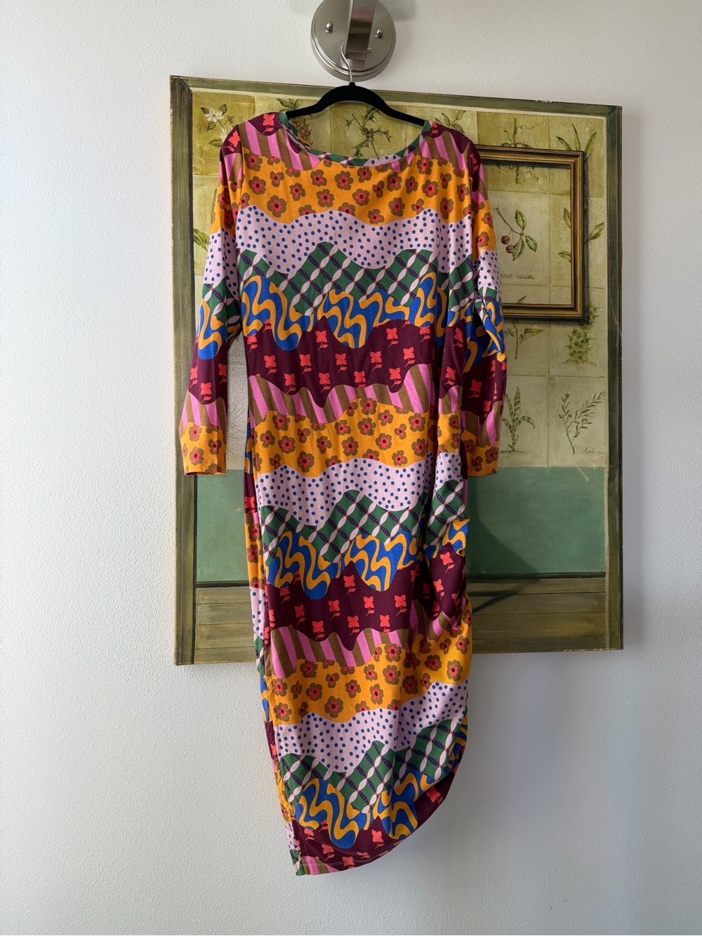 Vibrant Multicolor Long Sleeve XXL MIDI DRESS CAN BE PULLED ON ONE SIDE